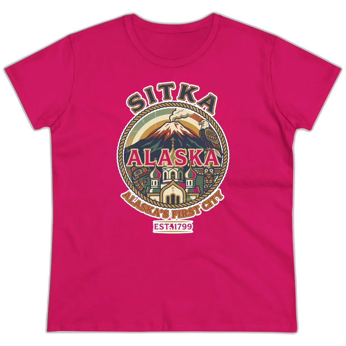 Sitka Alaska's First City Badge Ladies Tee in Heliconia