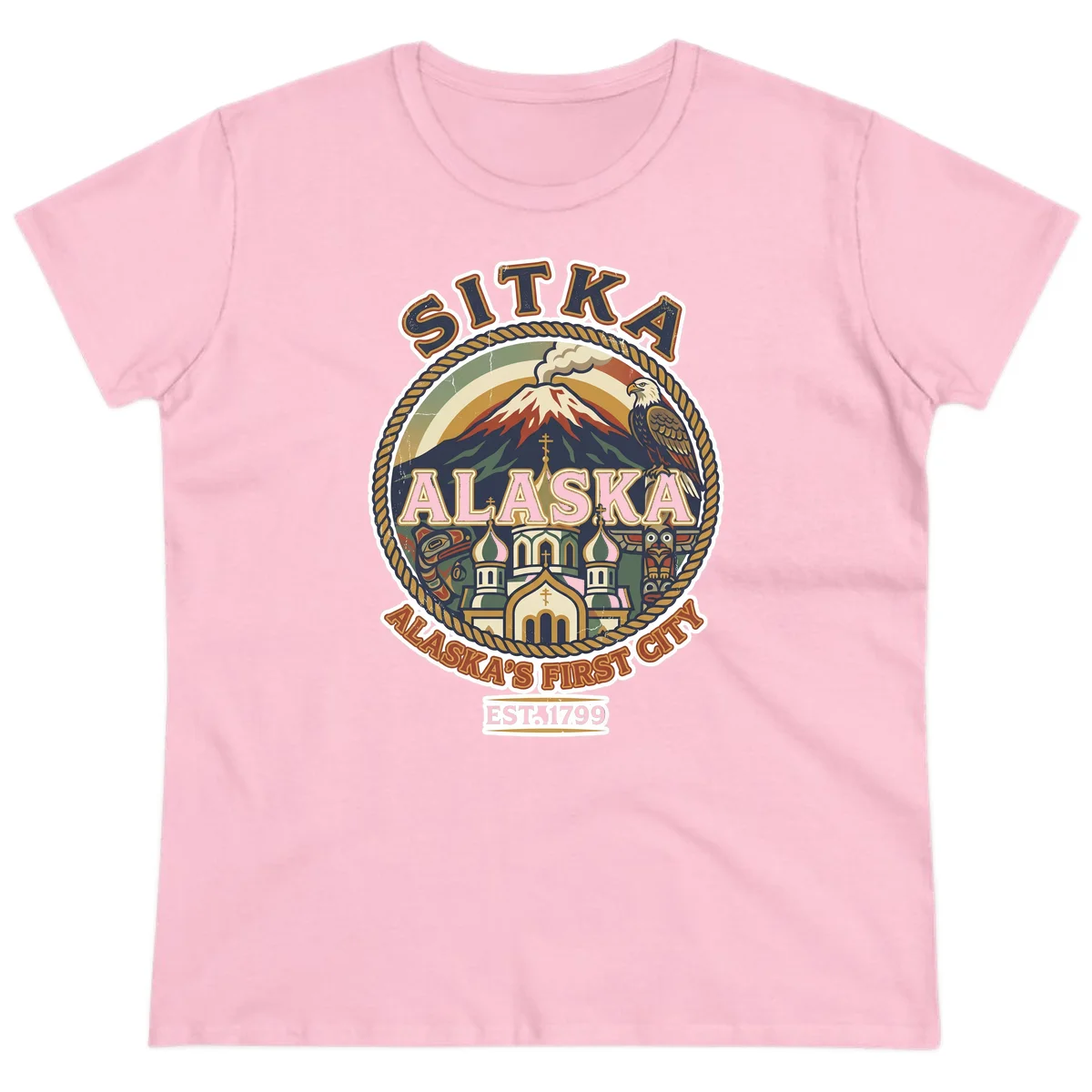 Sitka Alaska's First City Badge Ladies Tee in Light Pink
