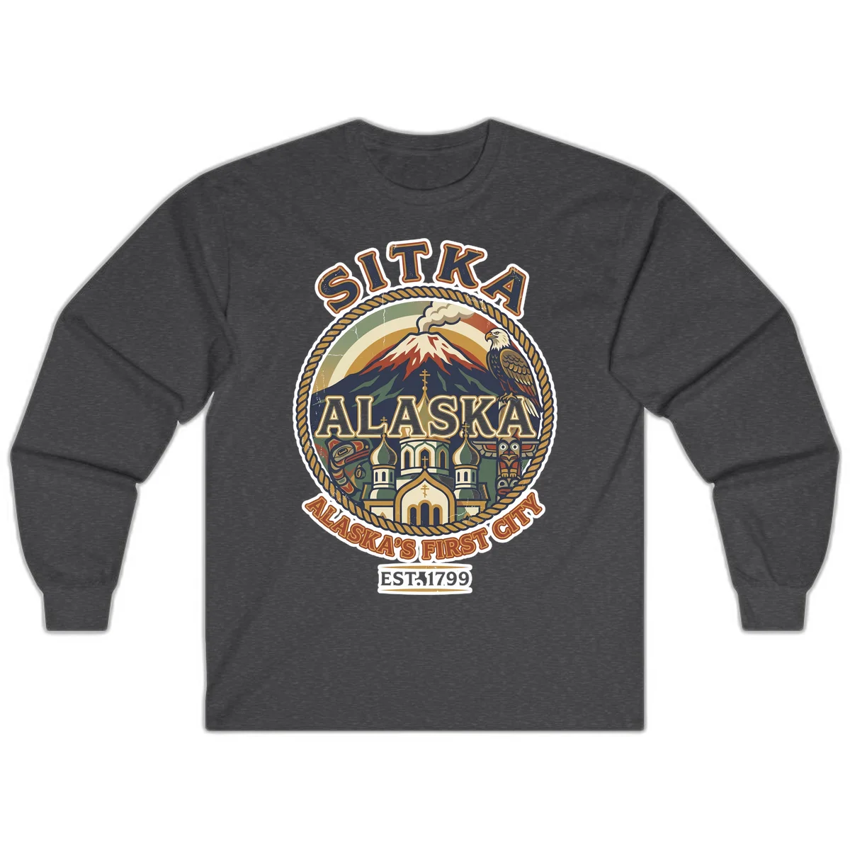 Sitka Alaska's First City Badge Long Sleeve Tee in Dark Heather