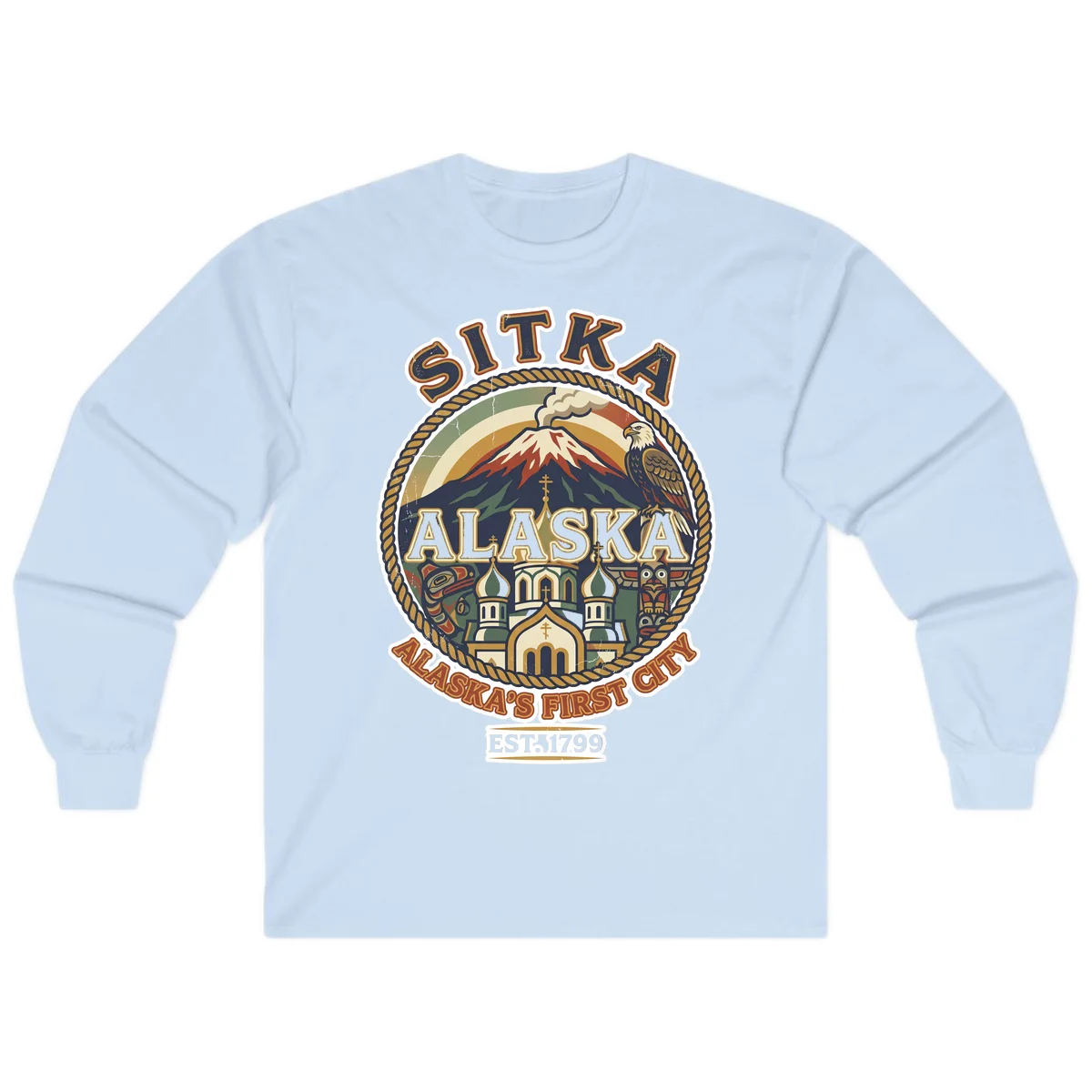 Sitka Alaska's First City Badge Long Sleeve Tee in Light Blue