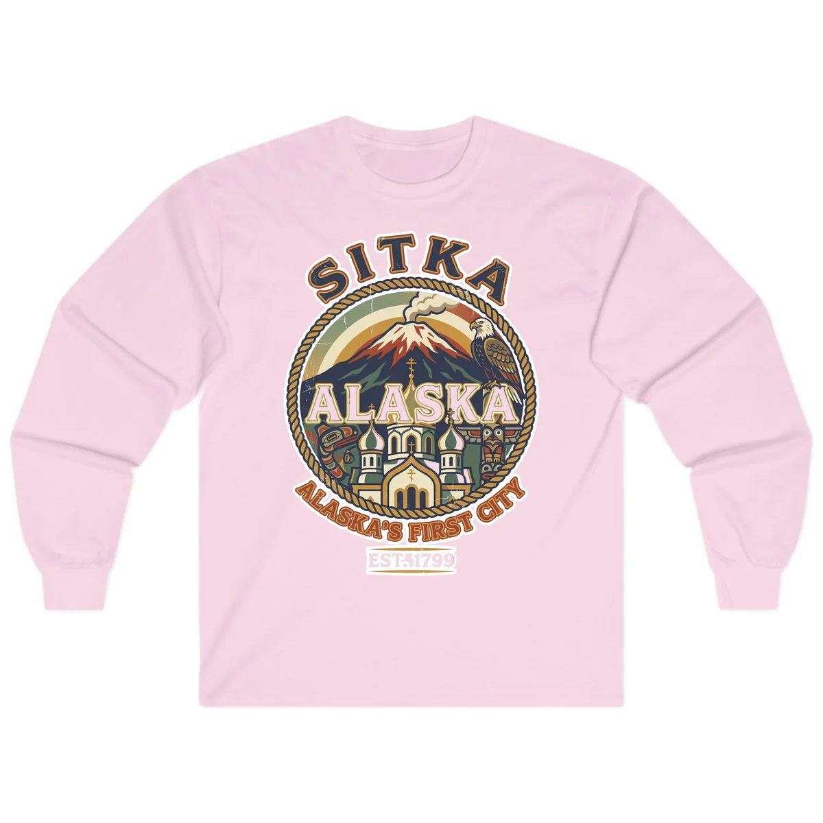Sitka Alaska's First City Badge Long Sleeve Tee in Light Pink