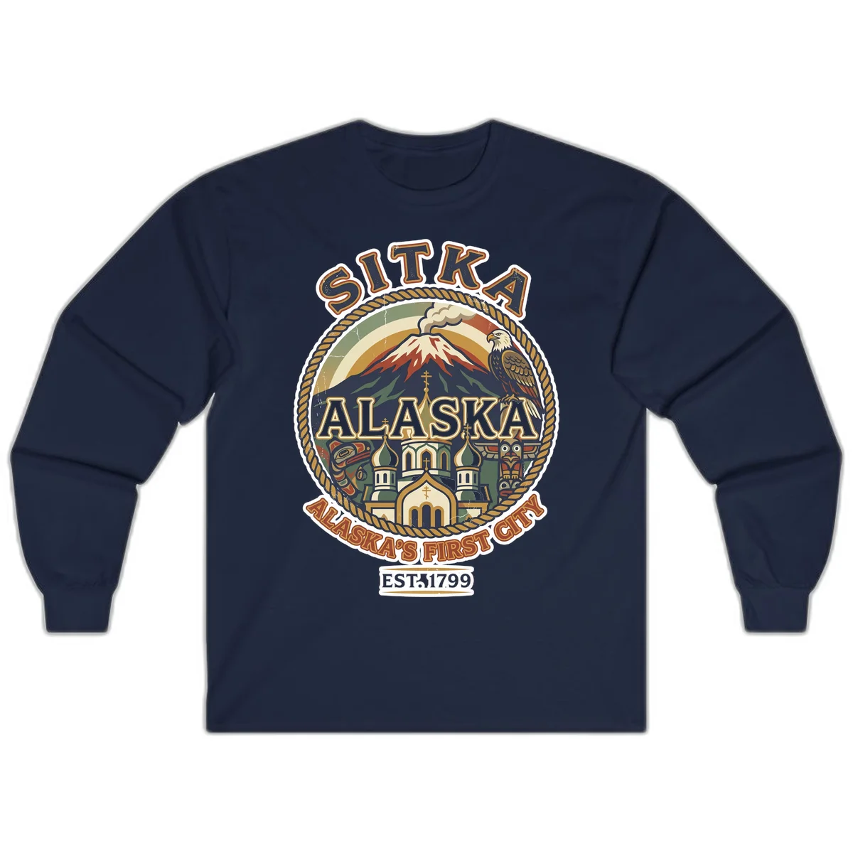 Sitka Alaska's First City Badge Long Sleeve Tee in Navy