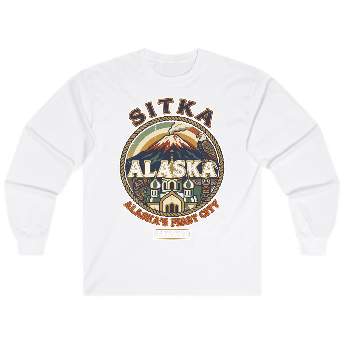 Sitka Alaska's First City Badge Long Sleeve Tee in White