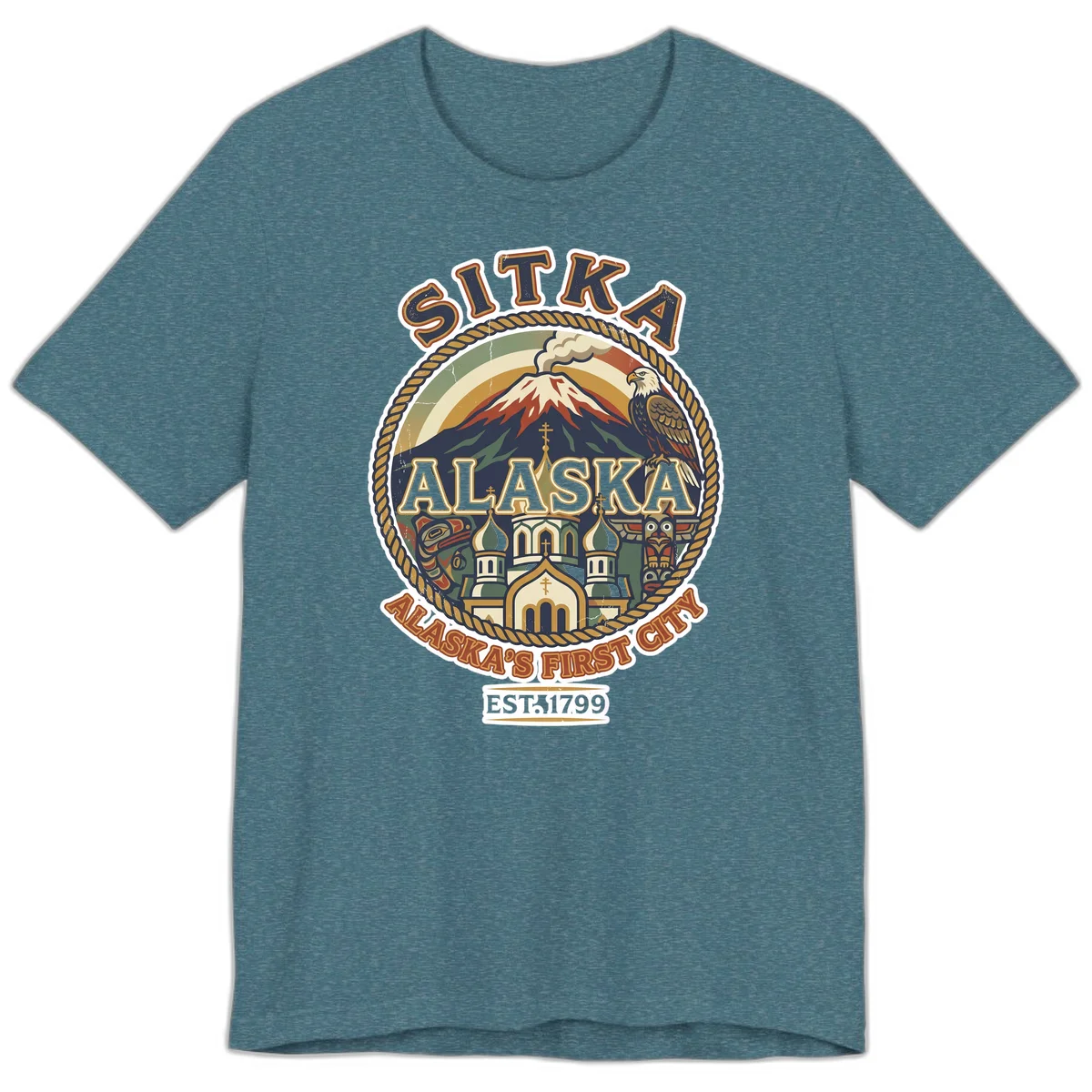 Sitka Alaska's First City Badge Premium T-Shirt in Heather Deep Teal