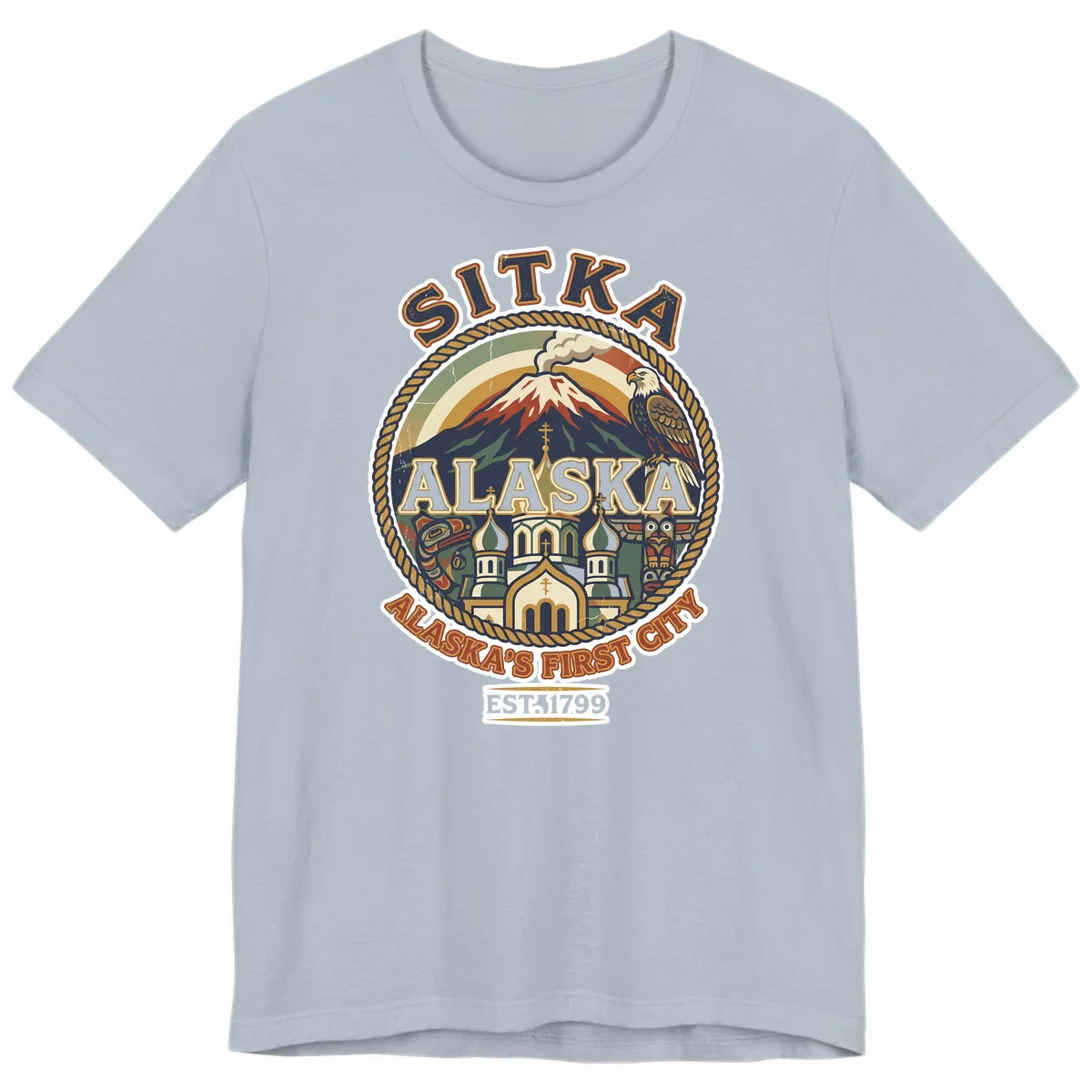 Sitka Alaska's First City Badge Premium T-Shirt in Light Blue