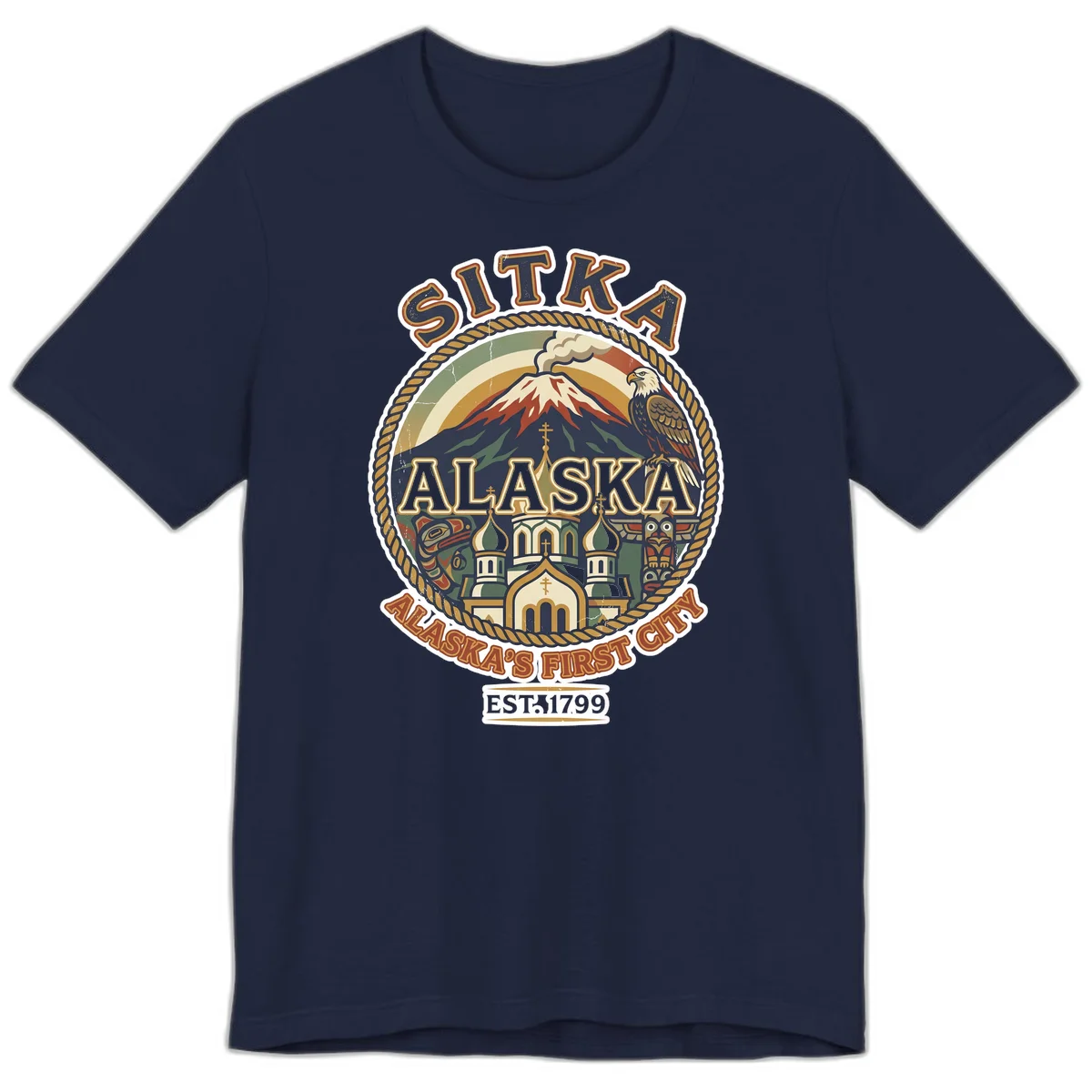 Sitka Alaska's First City Badge Premium T-Shirt in Navy