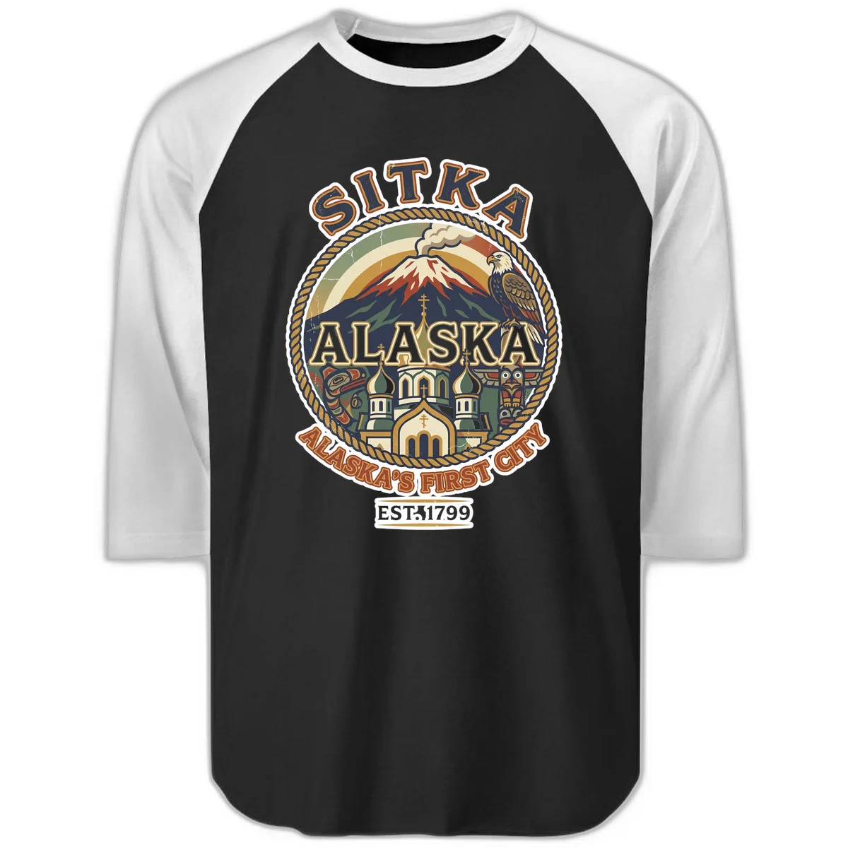 Sitka Alaska's First City Badge Raglan 3/4 Sleeve in Black White