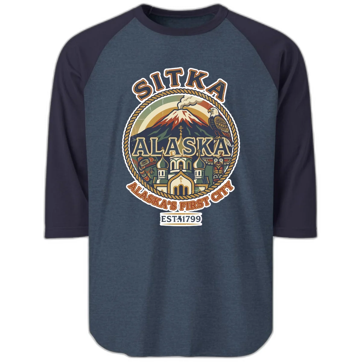 Sitka Alaska's First City Badge Raglan 3/4 Sleeve in Heather Denim Navy