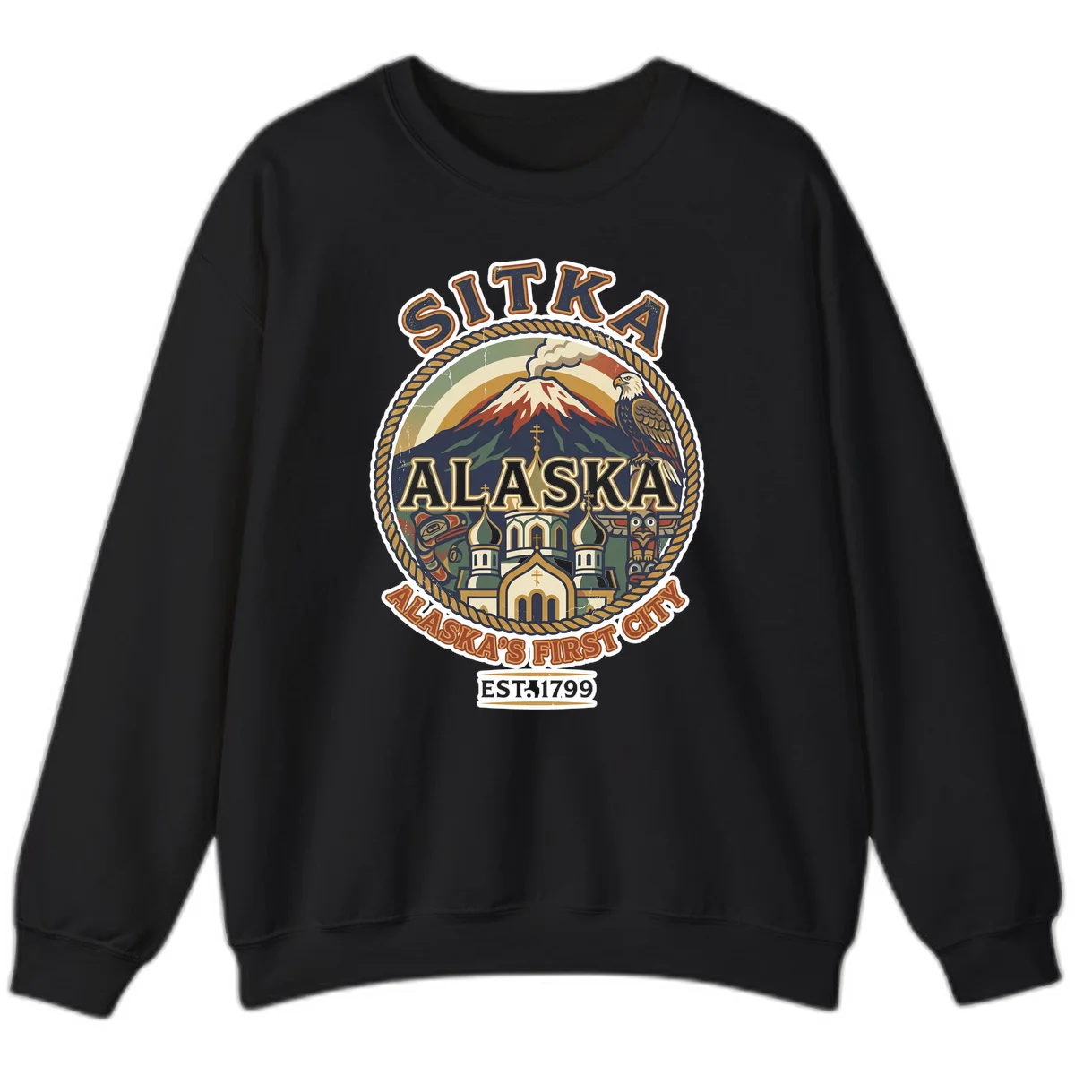 Sitka Alaska's First City Badge Crewneck Sweatshirt in Black