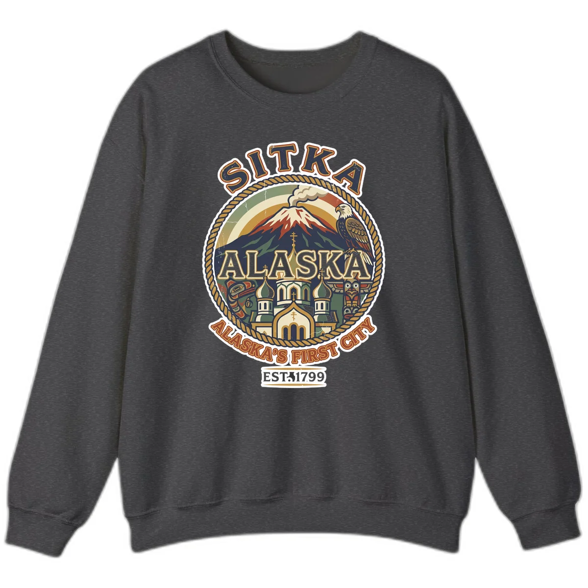 Sitka Alaska's First City Badge Crewneck Sweatshirt in Dark Heather