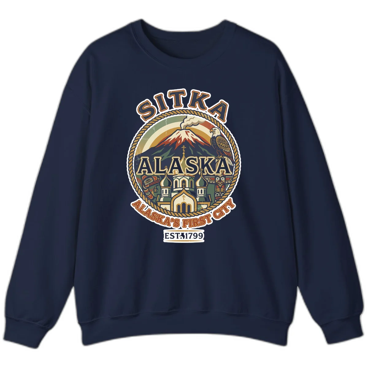 Sitka Alaska's First City Badge Crewneck Sweatshirt in Navy