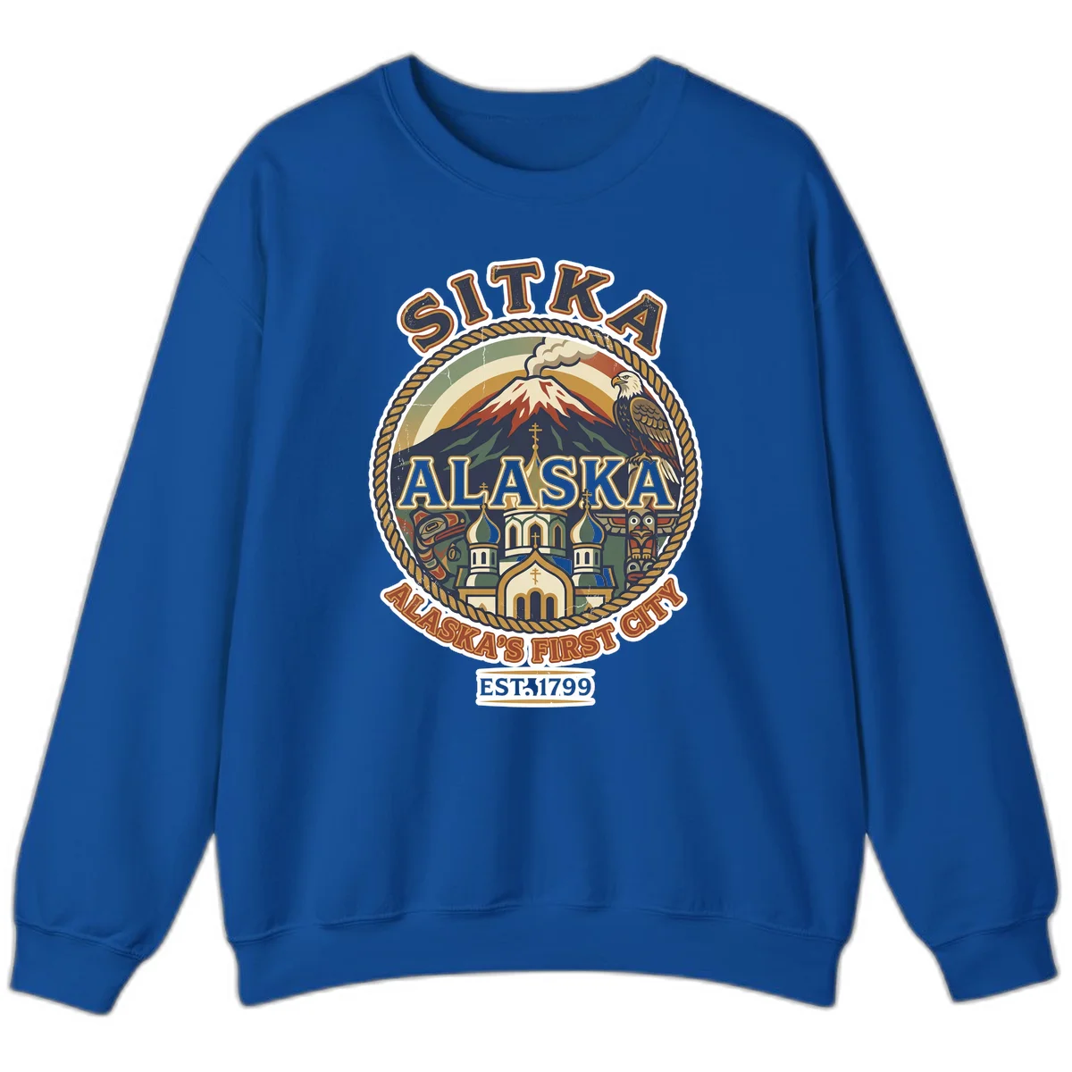 Sitka Alaska's First City Badge Crewneck Sweatshirt in Royal