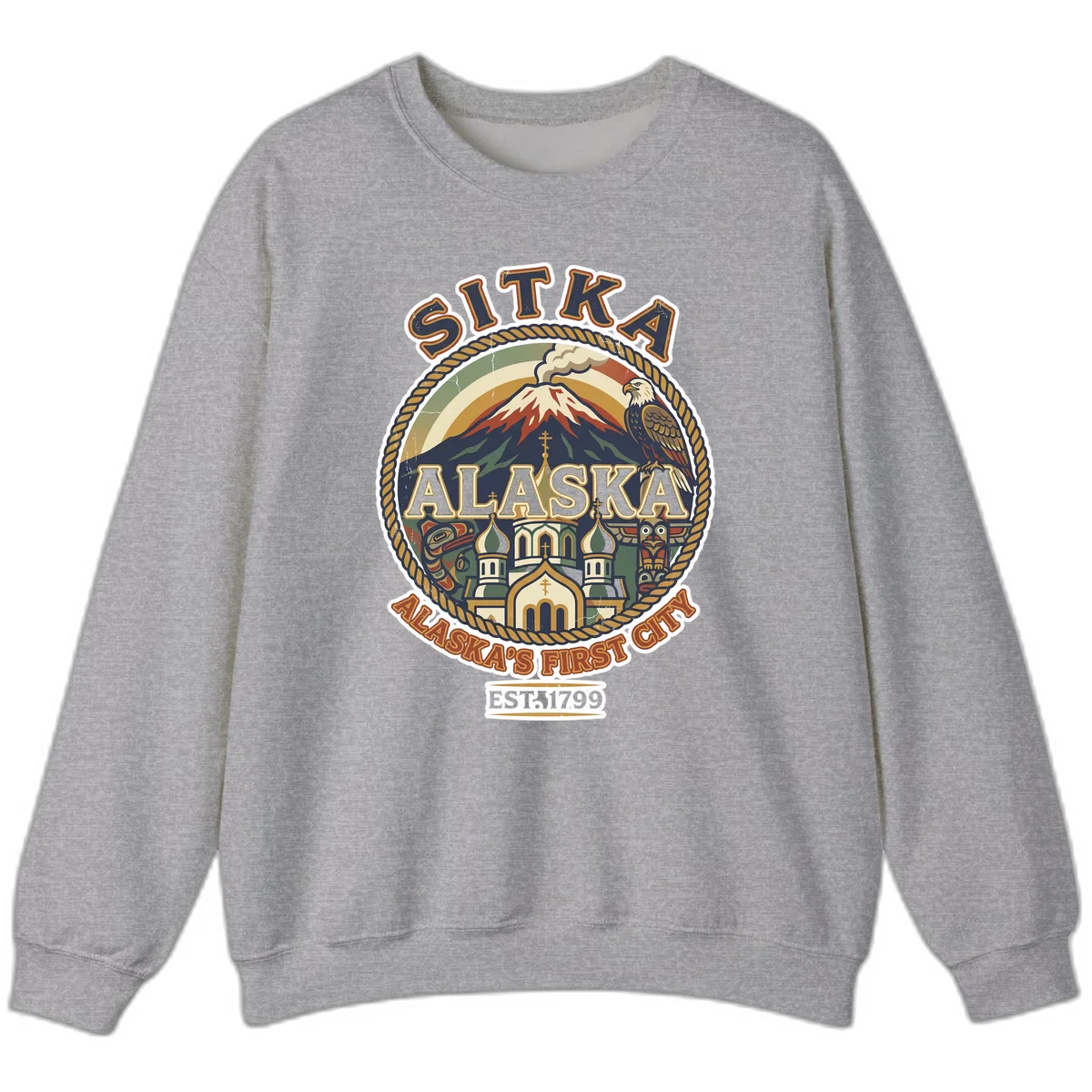 Sitka Alaska's First City Badge Crewneck Sweatshirt in Sport Grey