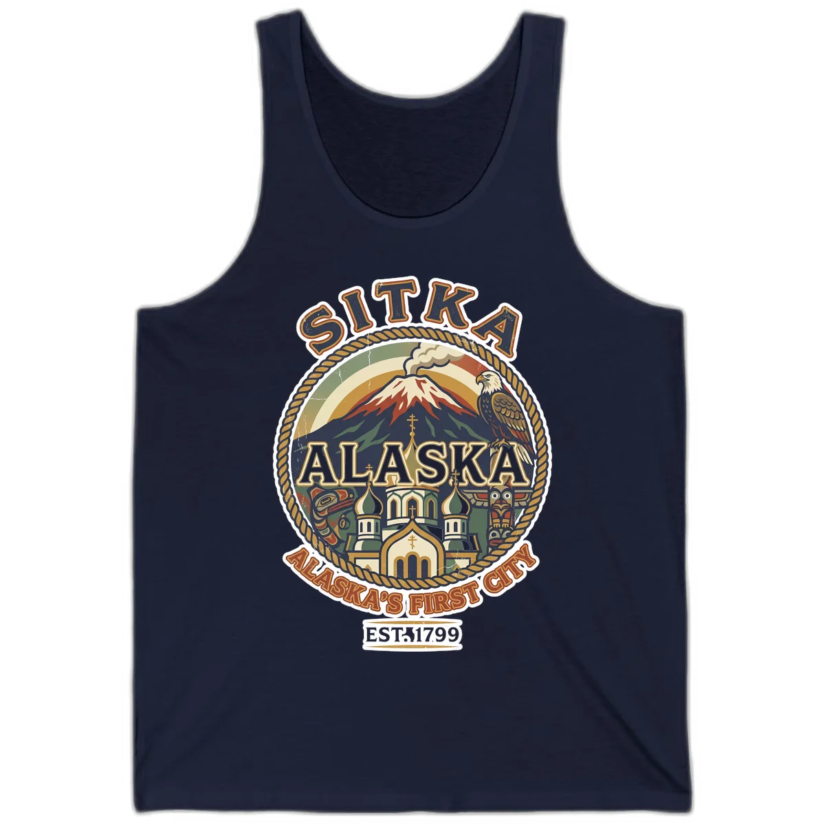 Sitka Alaska's First City Badge Tank Top in Navy