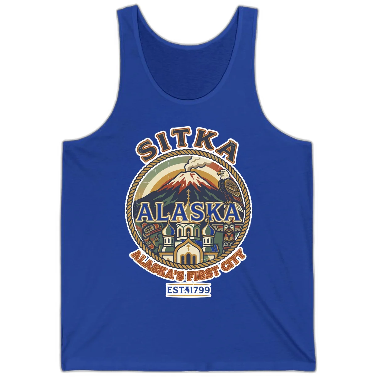 Sitka Alaska's First City Badge Tank Top in True Royal