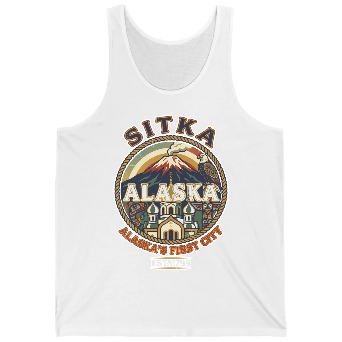 Sitka Alaska's First City Badge Tank Top in White