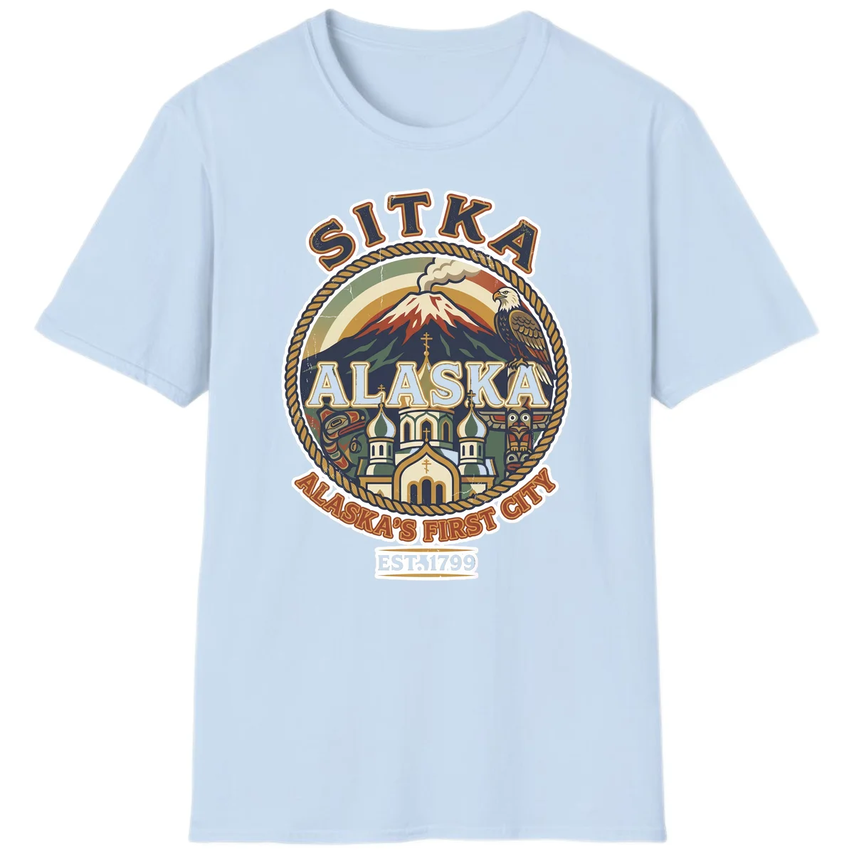 Sitka Alaska's First City Badge T-Shirt in Light Blue