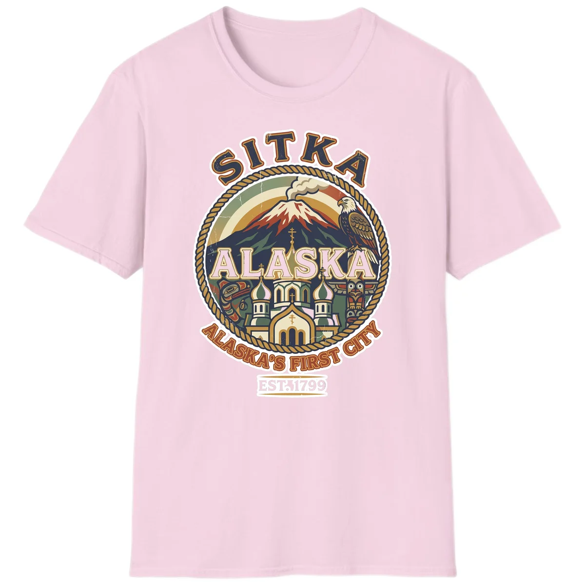Sitka Alaska's First City Badge T-Shirt in Light Pink