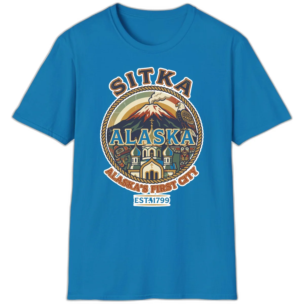 Sitka Alaska's First City Badge T-Shirt in Sapphire