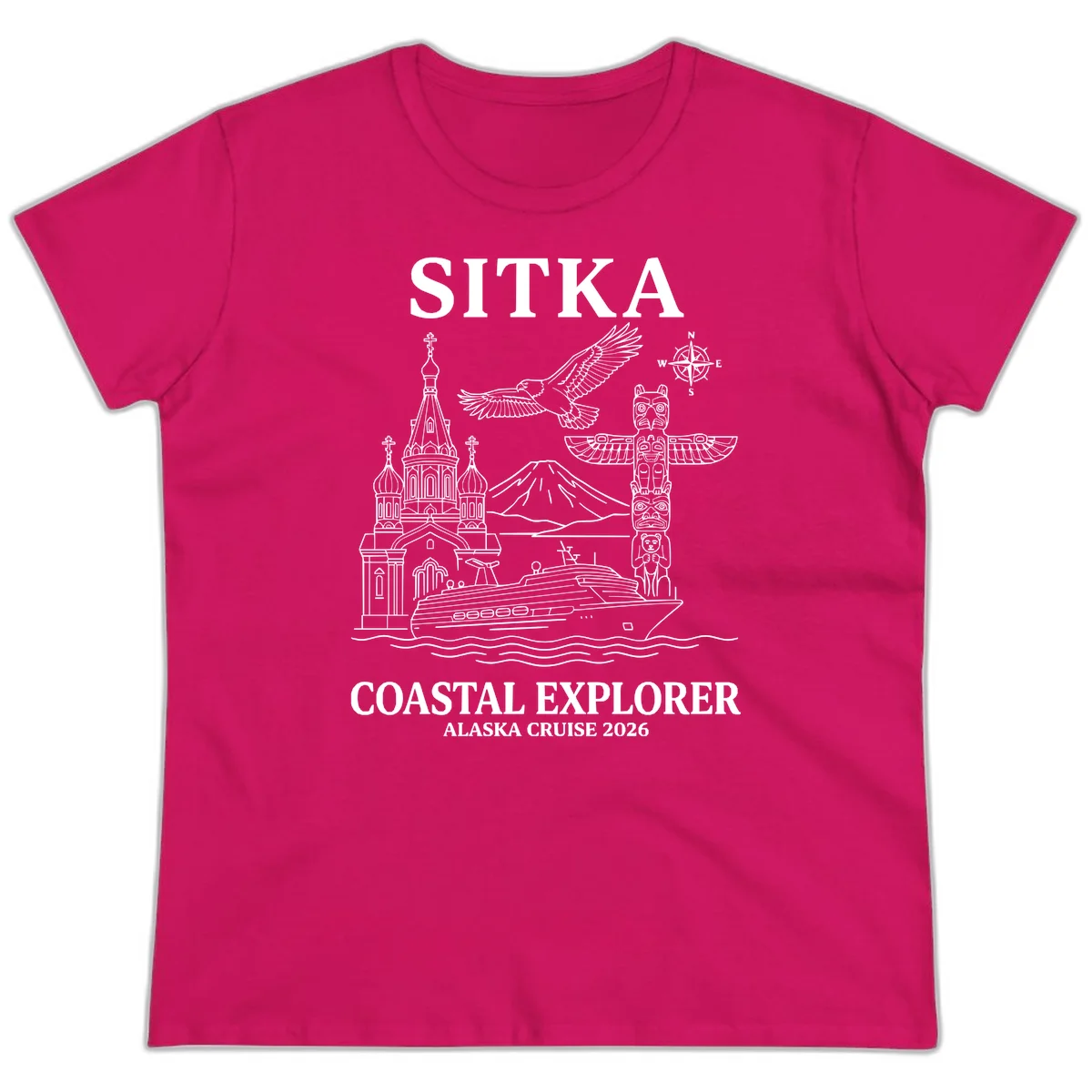 Sitka Coastal Explorer Alaska Cruise Ladies Tee in Heliconia
