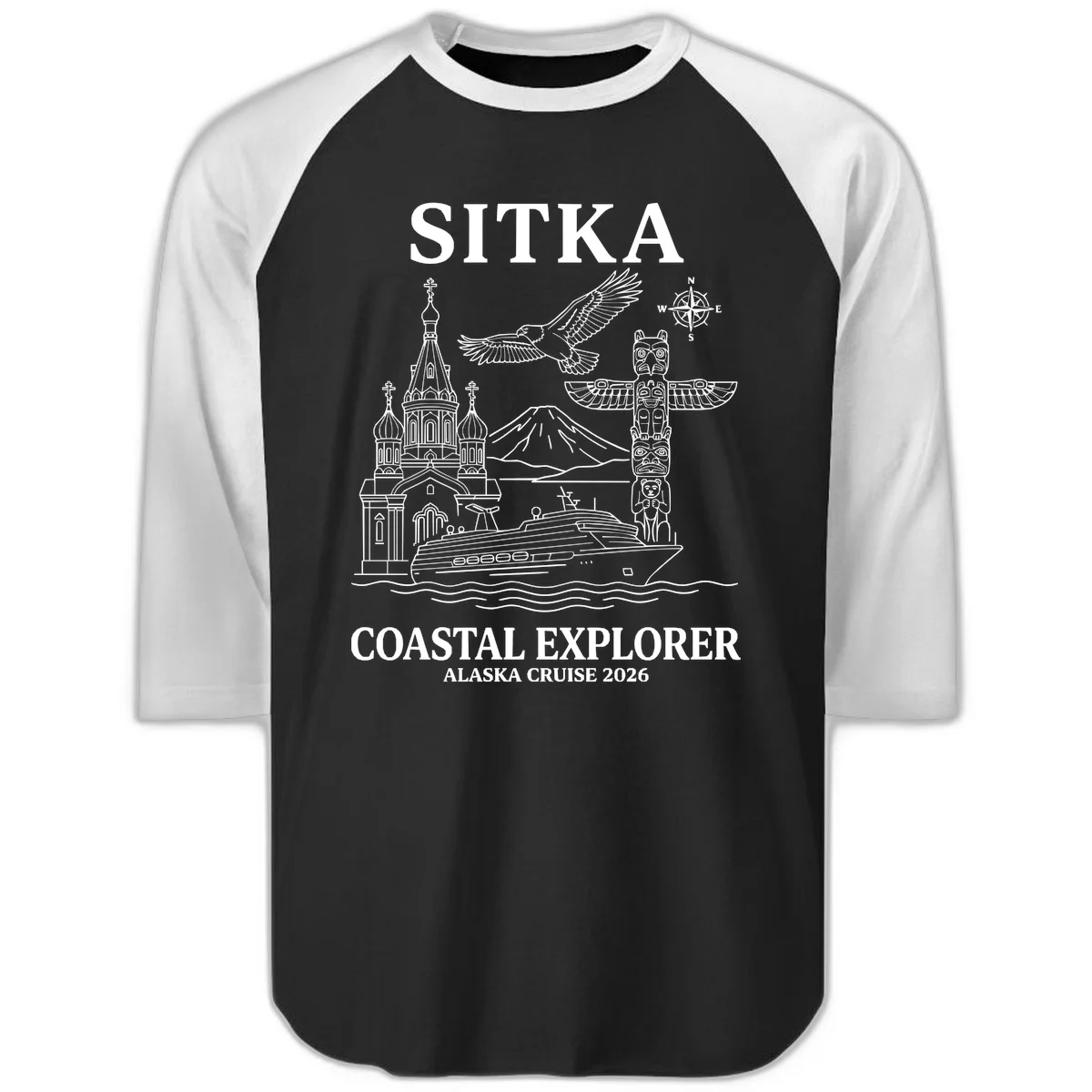 Sitka Coastal Explorer Alaska Cruise Raglan 3/4 in Black White