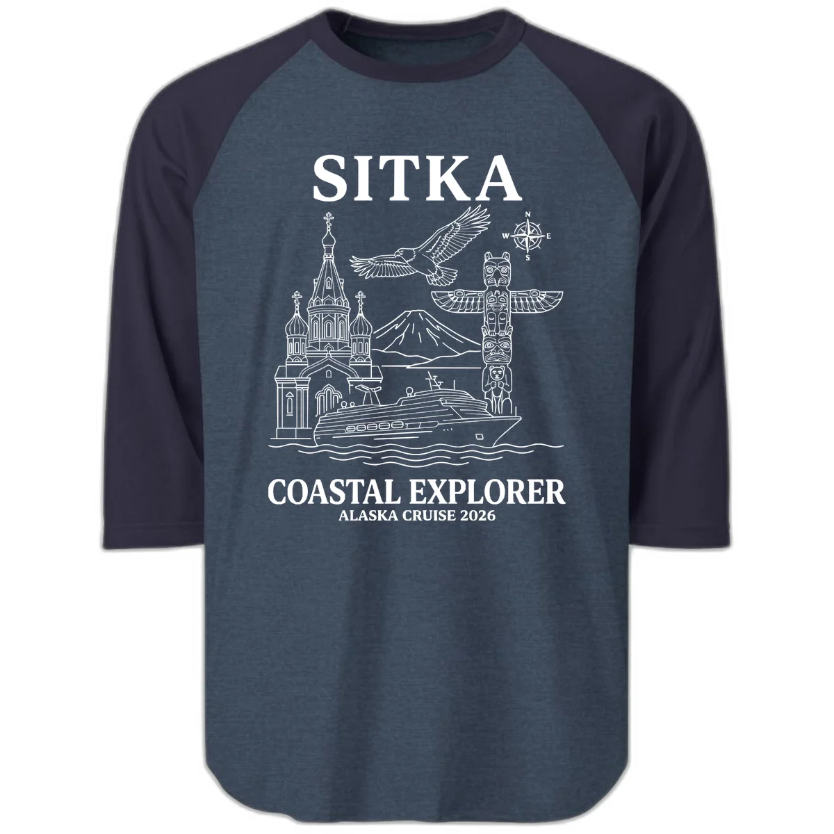 Sitka Coastal Explorer Alaska Cruise Raglan 3/4 in Heather Denim Navy