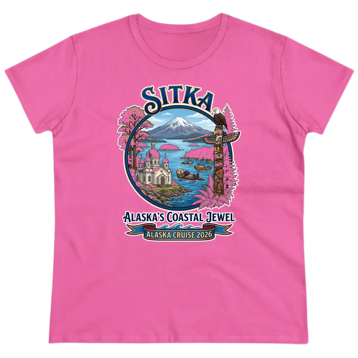 Sitka Alaska's Coastal Jewel Ladies Tee in Azalea