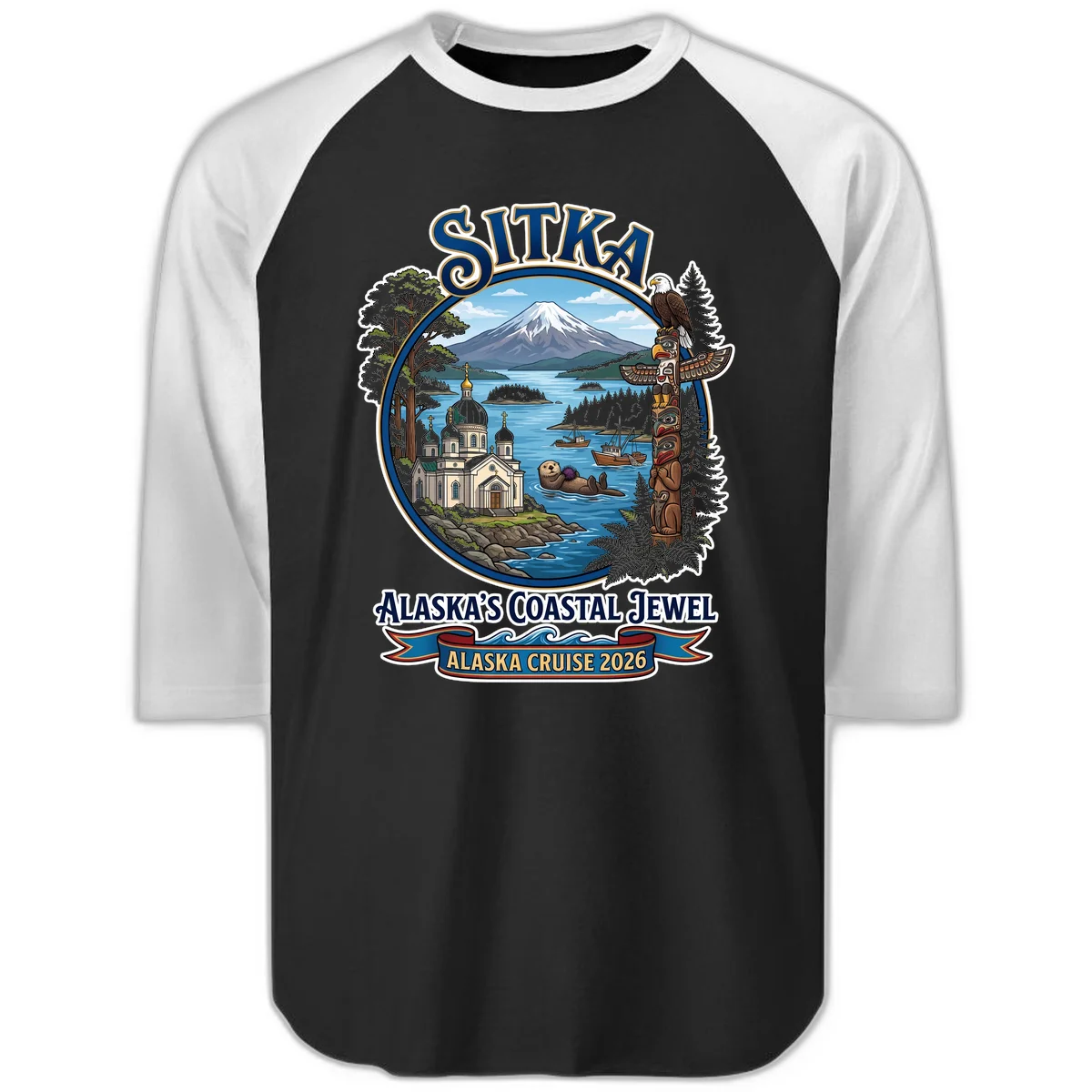 Sitka Alaska's Coastal Jewel Raglan 3/4 Sleeve in Black White