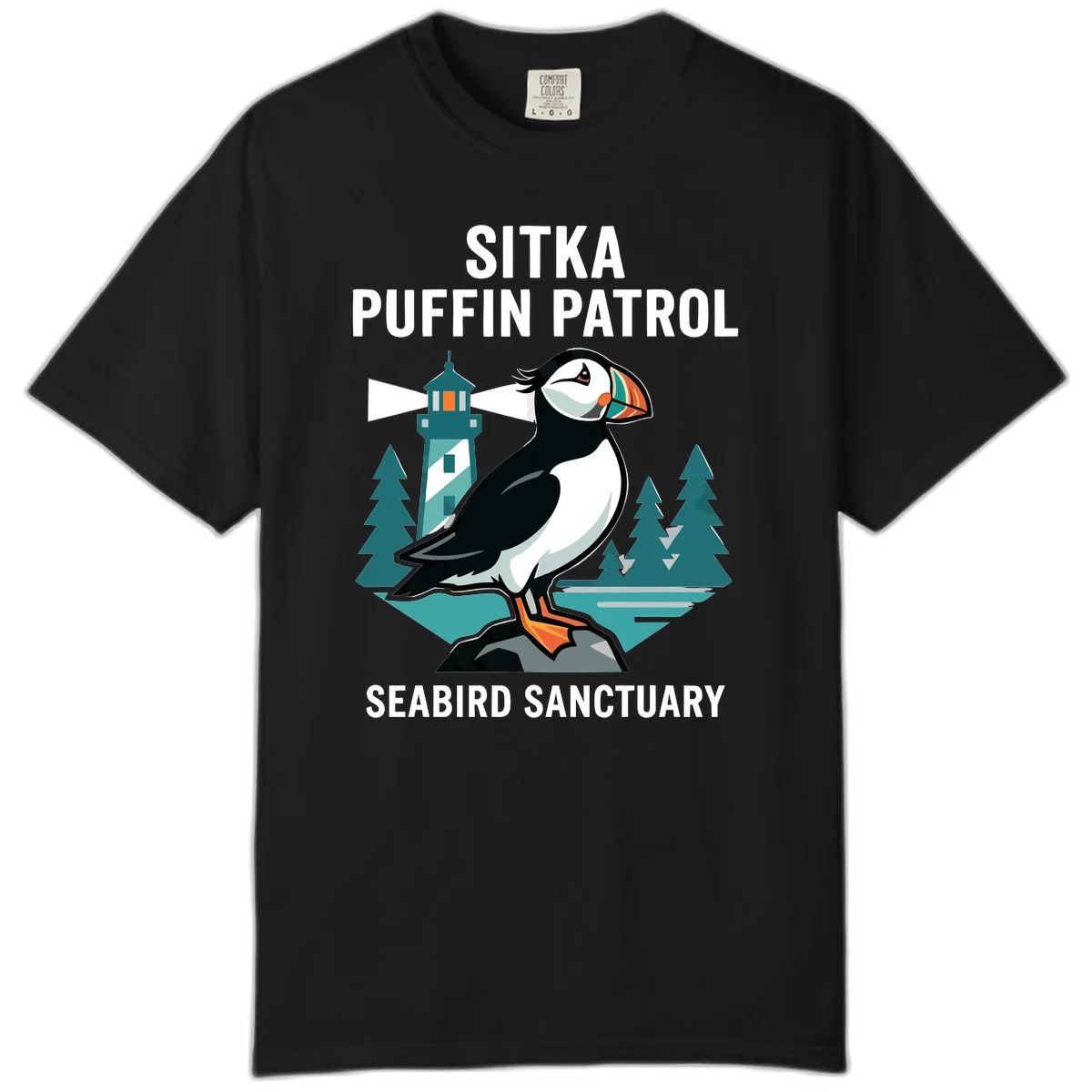 Sitka Puffin Patrol Seabird Sanctuary Comfort Color Tee in Black
