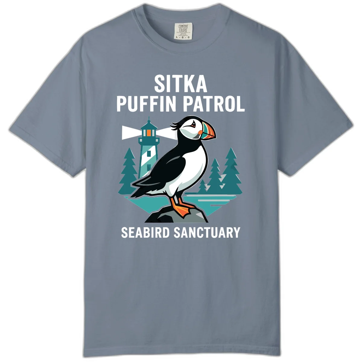 Sitka Puffin Patrol Seabird Sanctuary Comfort Color Tee in Blue Jean