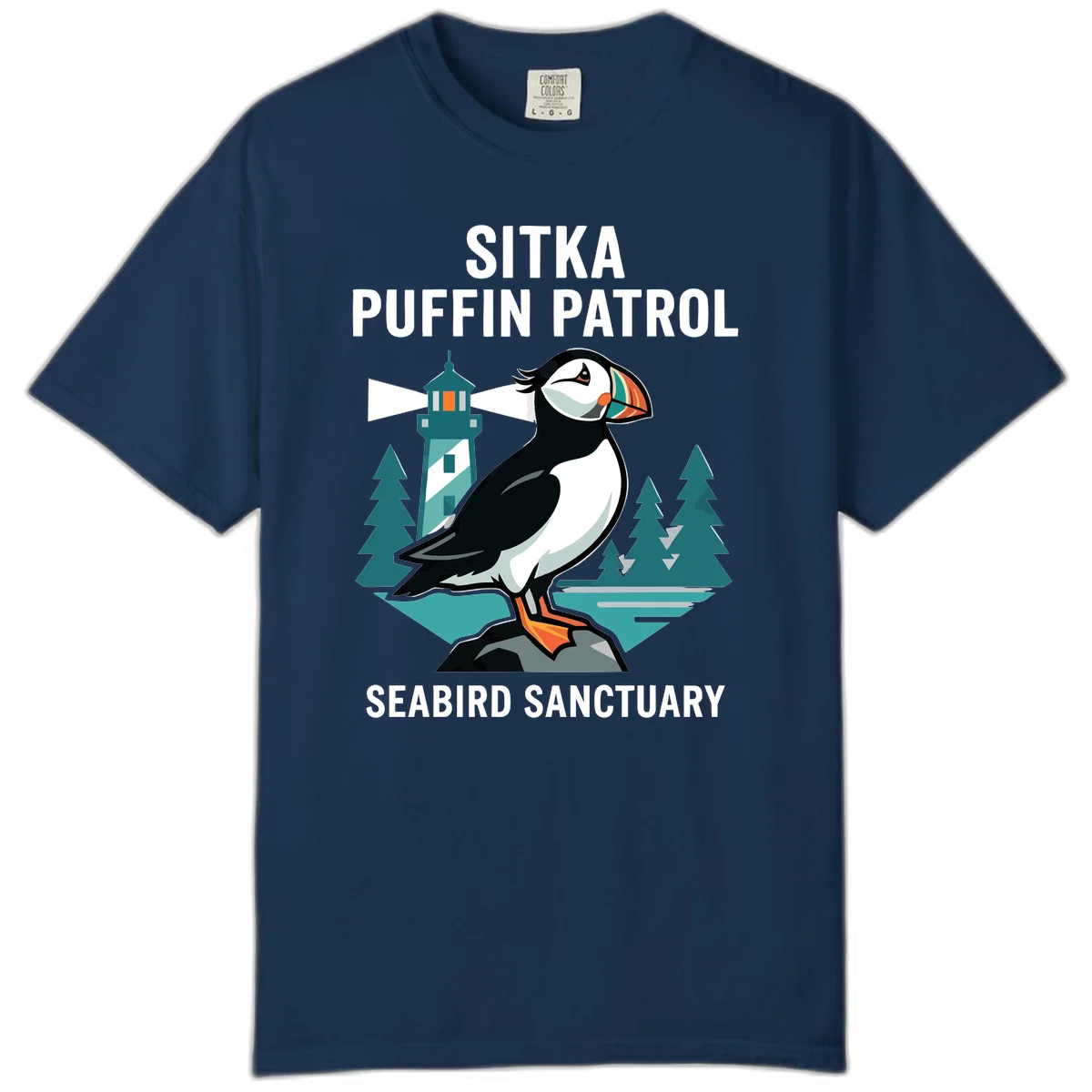 Sitka Puffin Patrol Seabird Sanctuary Comfort Color Tee in Navy