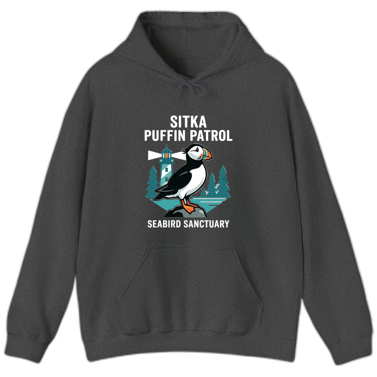 Sitka Puffin Patrol Seabird Sanctuary Hoodie in Dark Heather