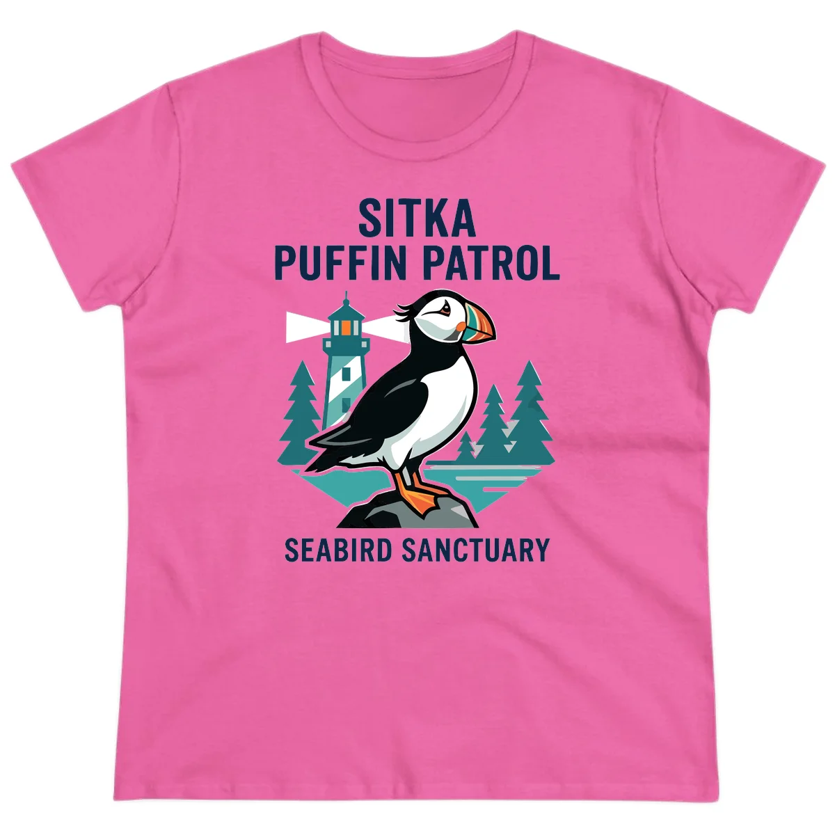 Sitka Puffin Patrol Seabird Sanctuary Ladies Tee in Azalea