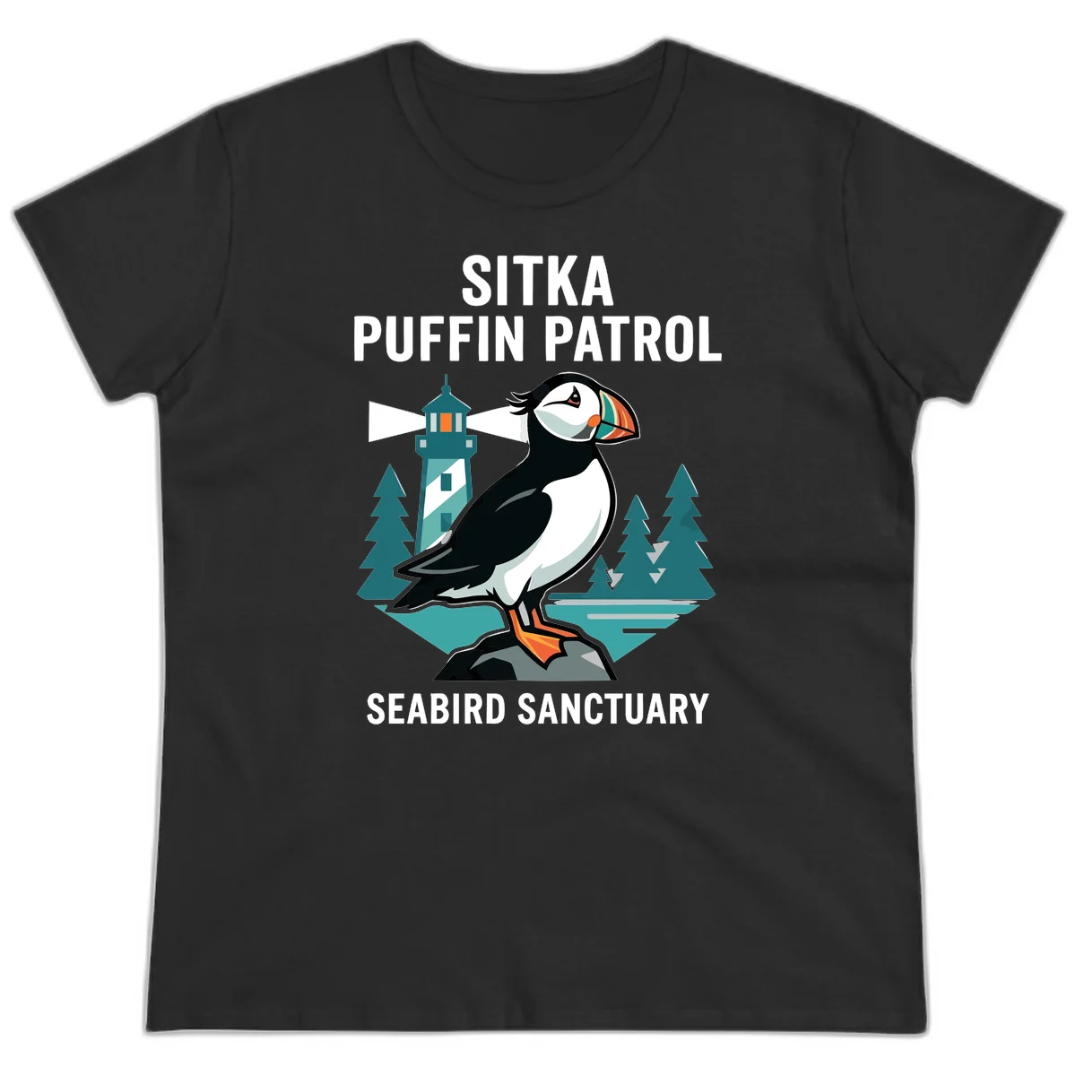 Sitka Puffin Patrol Seabird Sanctuary Ladies Tee in Black