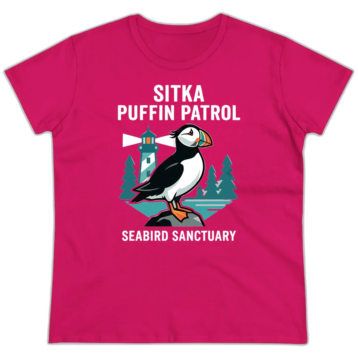 Sitka Puffin Patrol Seabird Sanctuary Ladies Tee in Heliconia