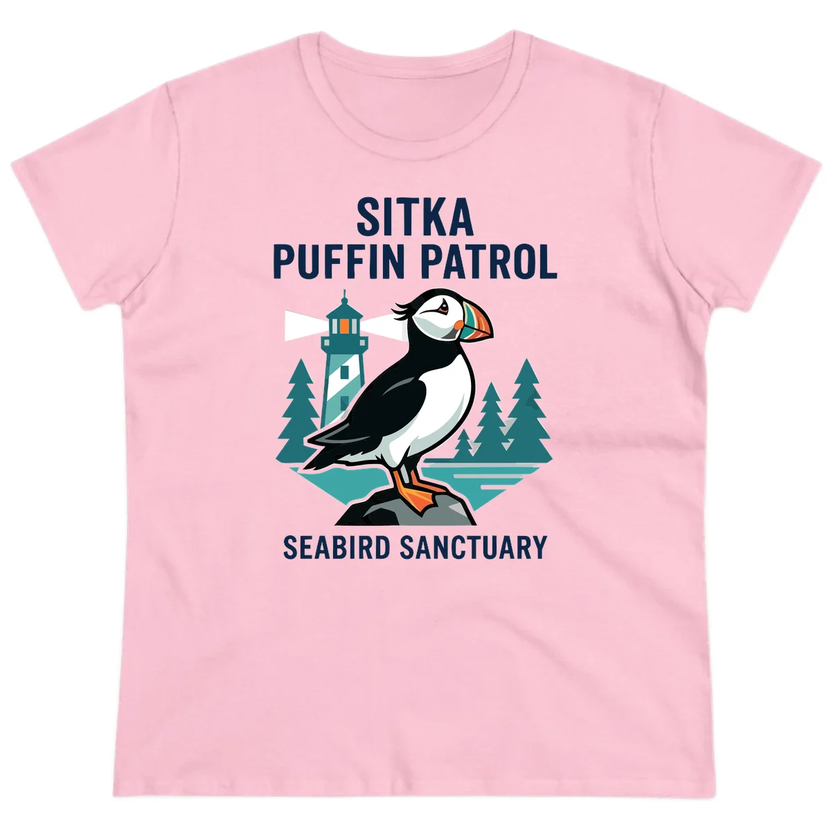 Sitka Puffin Patrol Seabird Sanctuary Ladies Tee in Light Pink