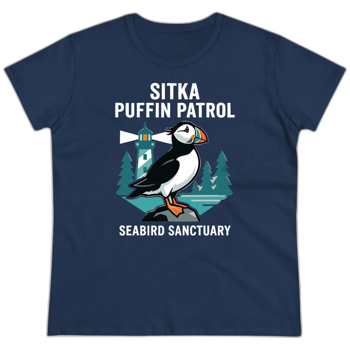 Sitka Puffin Patrol Seabird Sanctuary Ladies Tee in Navy