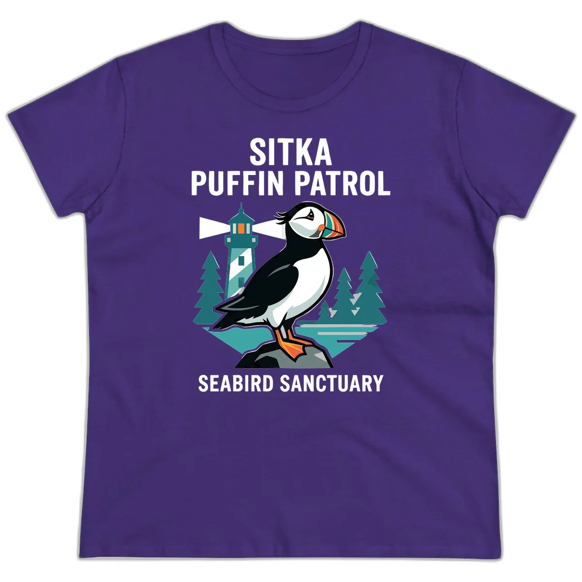 Sitka Puffin Patrol Seabird Sanctuary Ladies Tee in Purple
