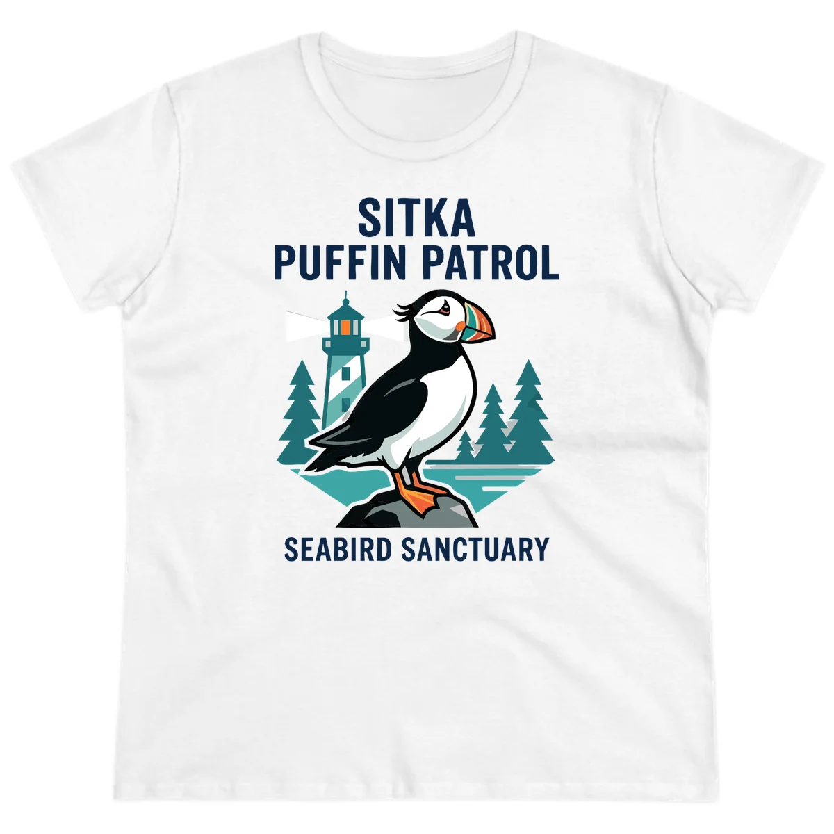 Sitka Puffin Patrol Seabird Sanctuary Ladies Tee in White
