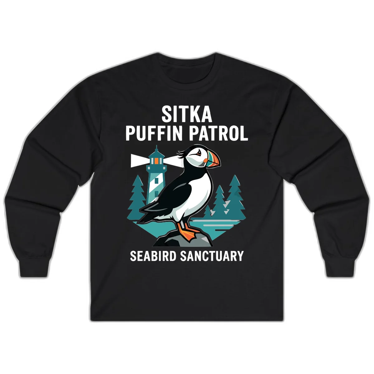 Sitka Puffin Patrol Seabird Sanctuary Long Sleeve Tee in Black