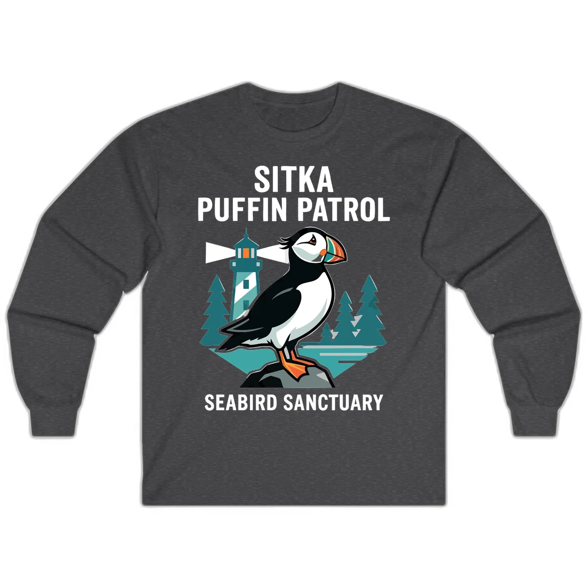 Sitka Puffin Patrol Seabird Sanctuary Long Sleeve Tee in Dark Heather