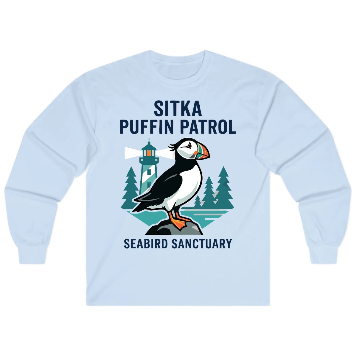 Sitka Puffin Patrol Seabird Sanctuary Long Sleeve Tee in Light Blue