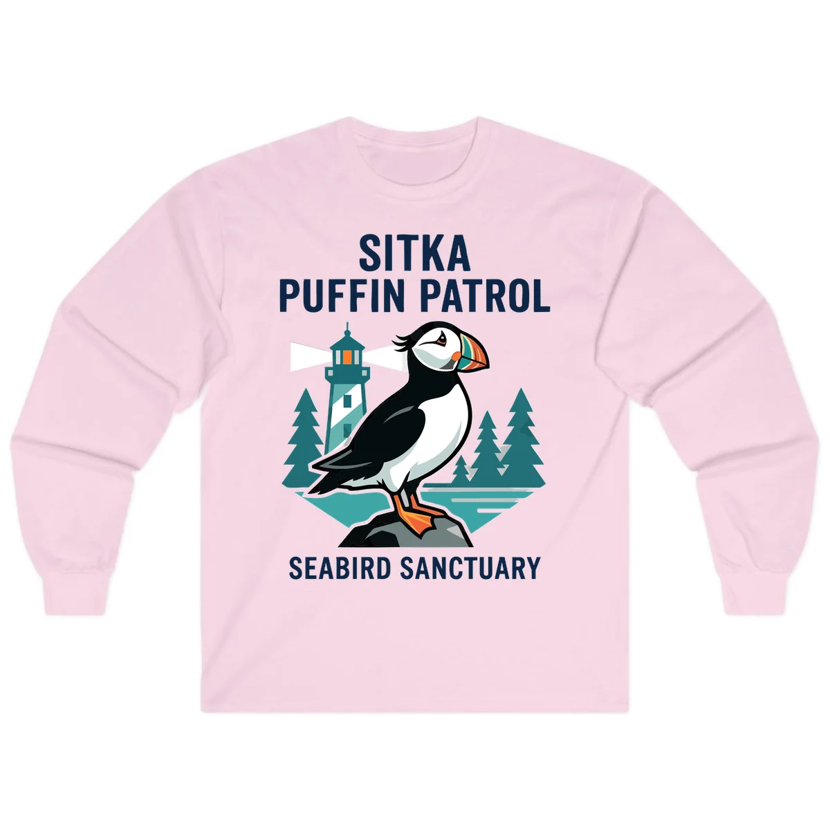 Sitka Puffin Patrol Seabird Sanctuary Long Sleeve Tee in Light Pink