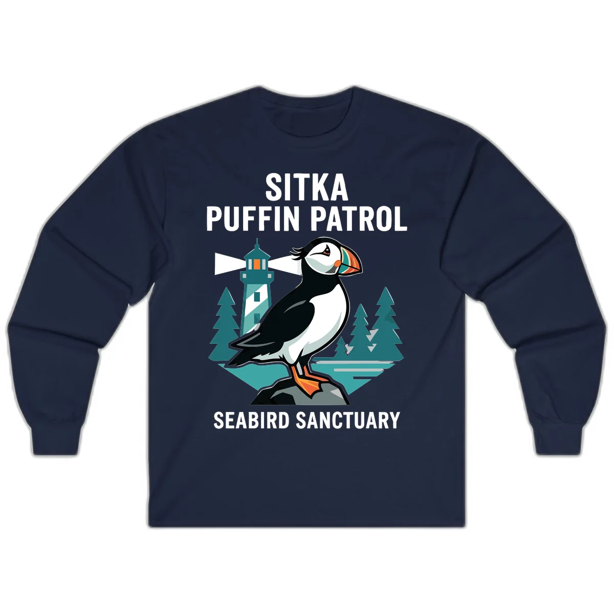 Sitka Puffin Patrol Seabird Sanctuary Long Sleeve Tee in Navy