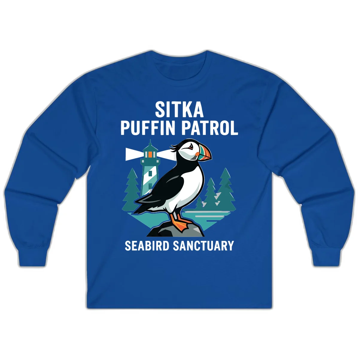 Sitka Puffin Patrol Seabird Sanctuary Long Sleeve Tee in Royal