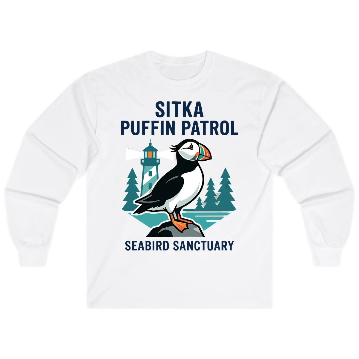 Sitka Puffin Patrol Seabird Sanctuary Long Sleeve Tee in White