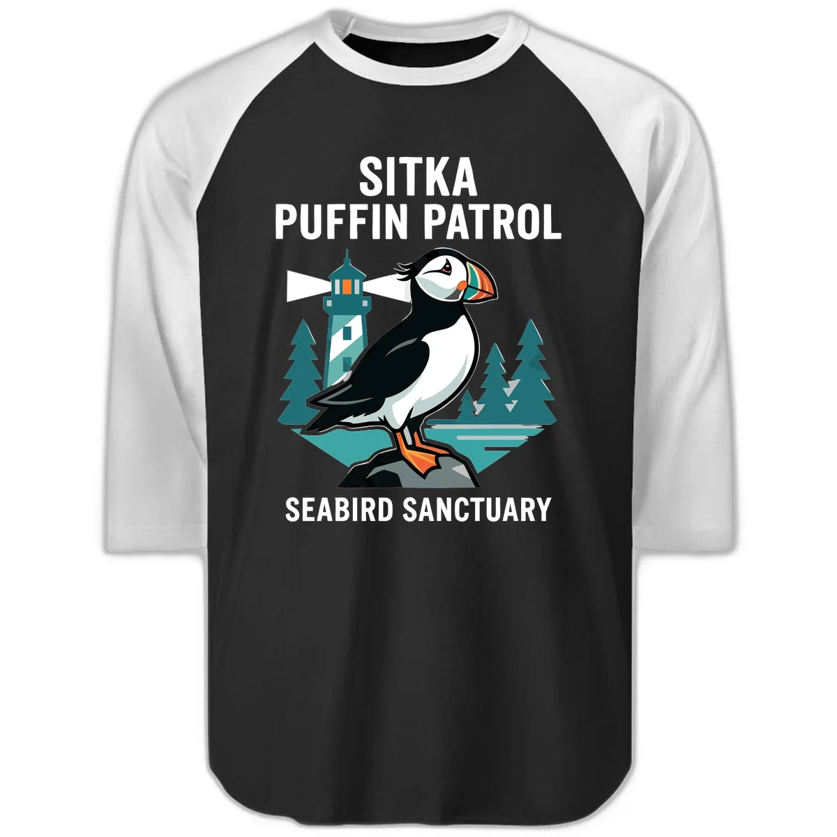 Sitka Puffin Patrol Seabird Sanctuary Raglan 3/4 Tee in Black White