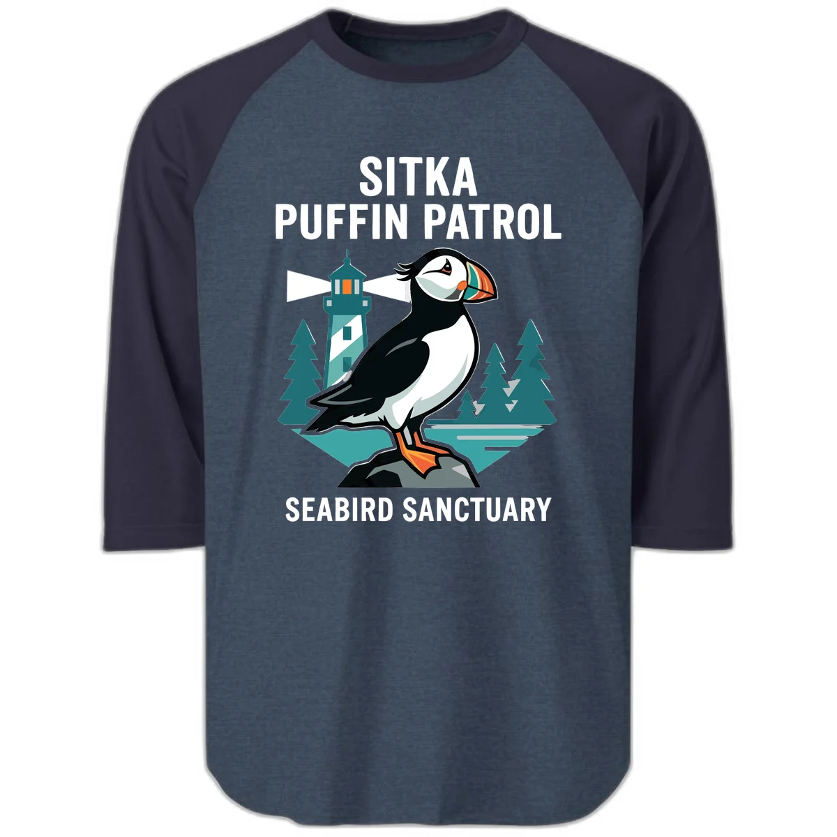 Sitka Puffin Patrol Seabird Sanctuary Raglan 3/4 Tee in Heather Denim Navy
