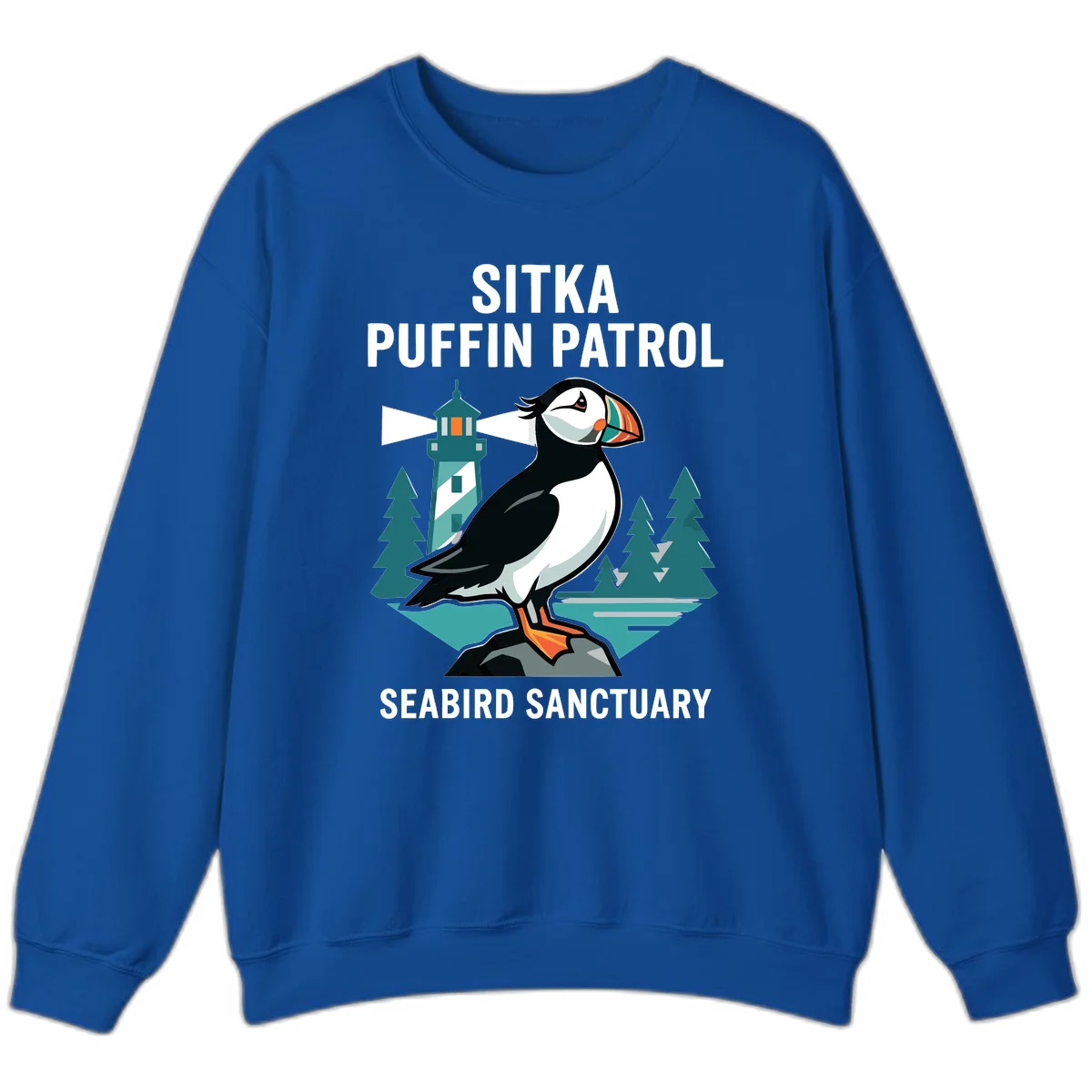 Sitka Puffin Patrol Seabird Sanctuary Sweatshirt in Royal