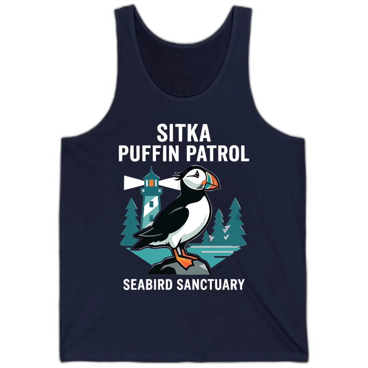 Sitka Puffin Patrol Seabird Sanctuary Tank Top in Navy